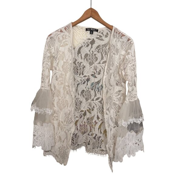 Say What? Lace Jacket Topper Cardigan Long Sleeve  White Medium Fairycore Coquet - Picture 4 of 10